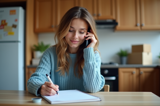 Femme au téléphone et prise de notes dans une cuisine organisée
