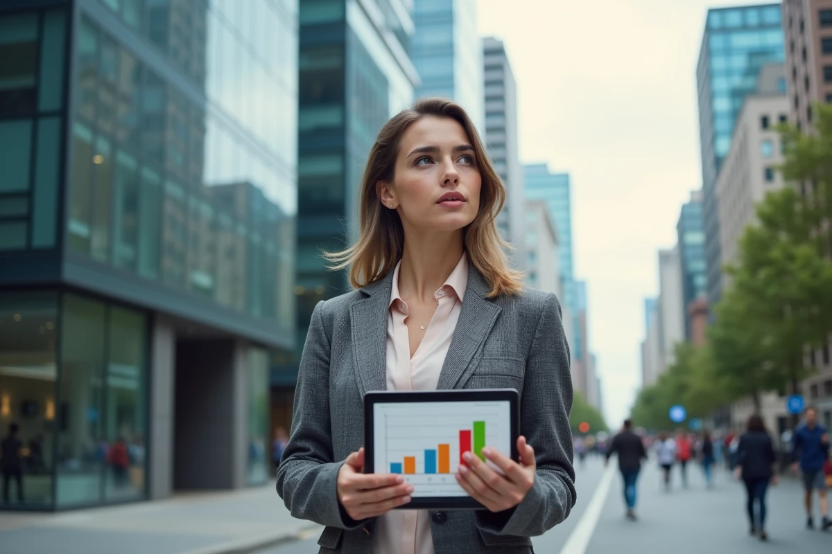 Jeune femme avec tablette graphique dans la ville