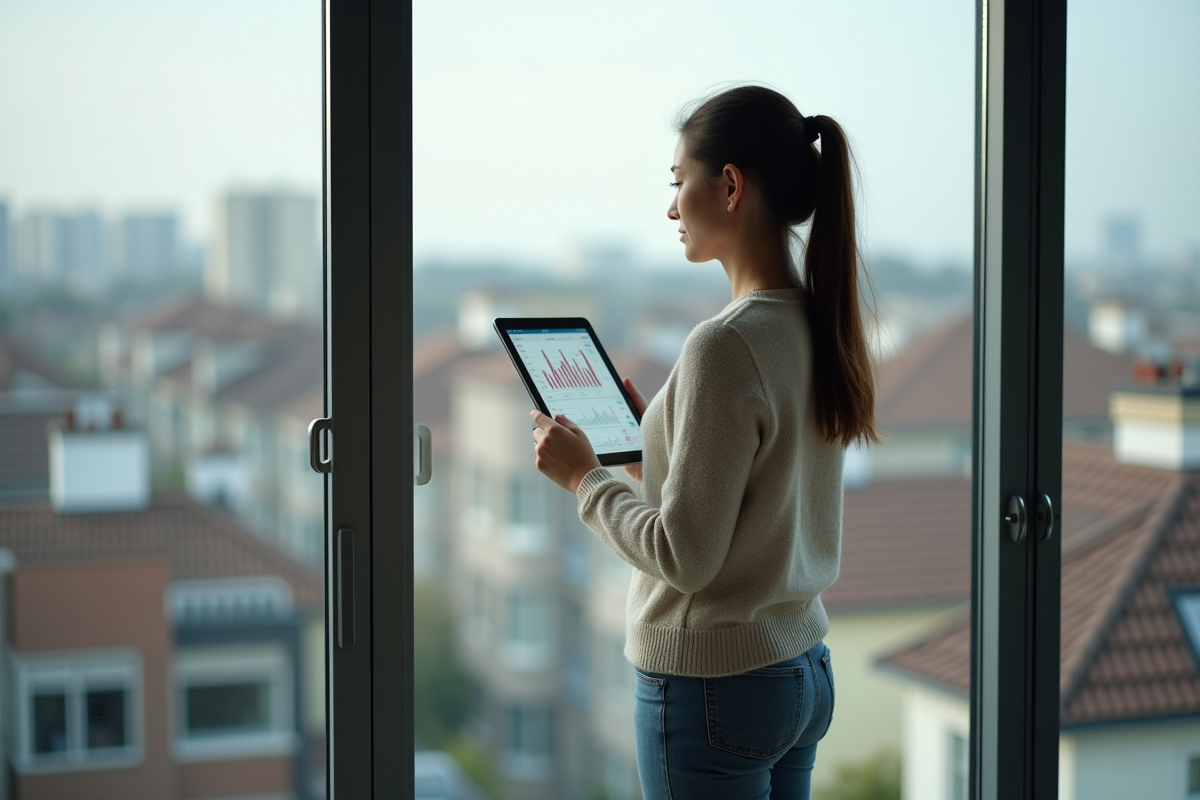 Jeune femme regarde un tableau de logement avec une tablette à la fenêtre
