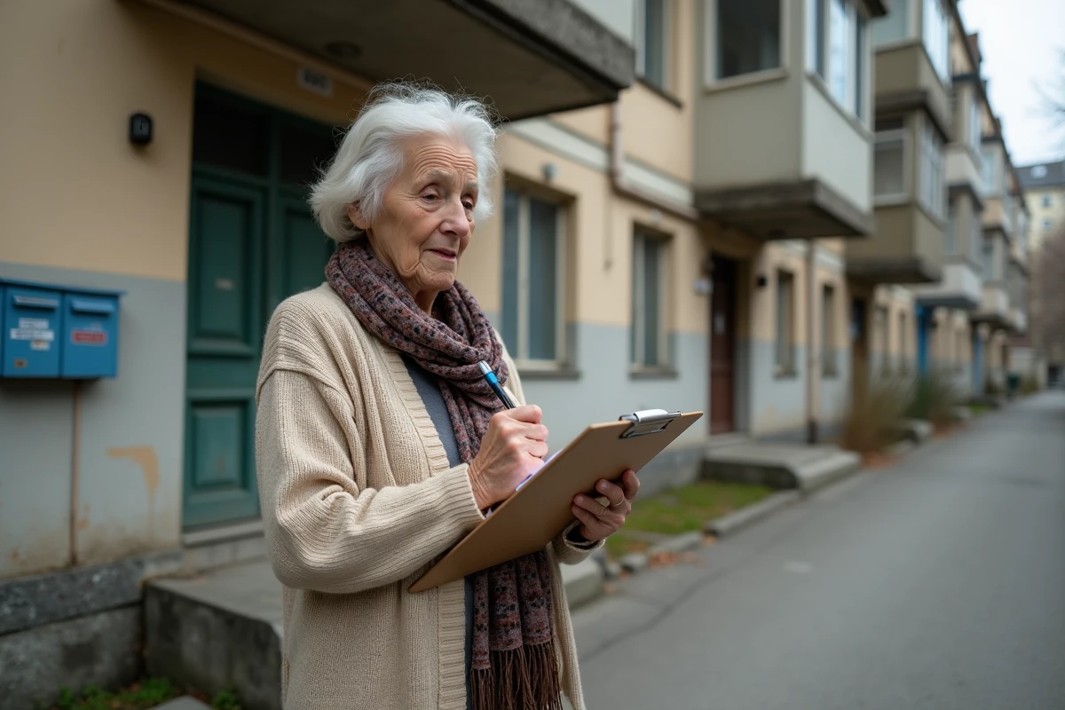 Femme âgée vérifiant une liste devant un immeuble urbain