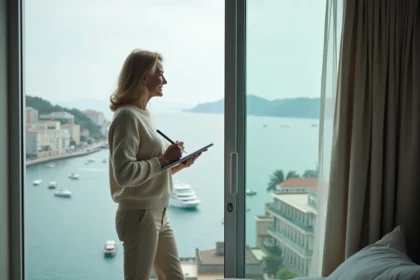 Femme regardant la mer depuis son appartement lumineux