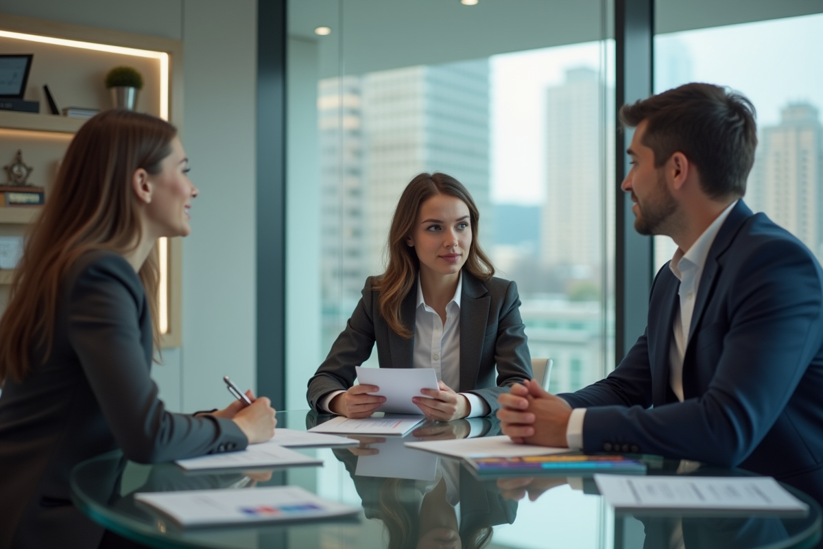 Jeune femme avec conseillers financiers dans une banque moderne