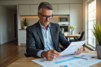 Homme d'affaires examine des graphiques de location dans un appartement moderne