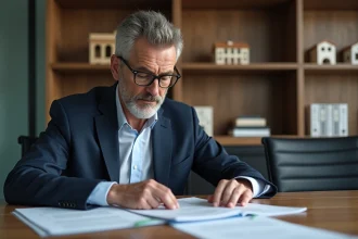 Homme d'affaires en costume bleu examine des documents