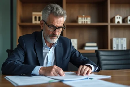 Homme d'affaires en costume bleu examine des documents