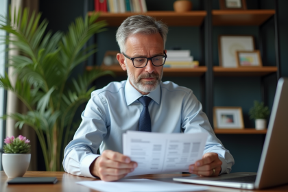 Homme d'affaires en bureau à domicile en train de lire des documents financiers