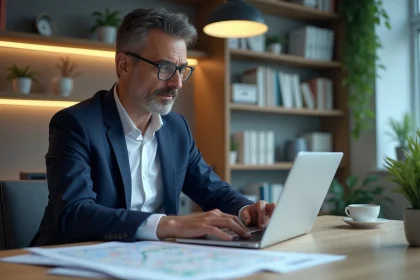 Homme d'affaires en costume analysant une carte digitale dans un bureau moderne