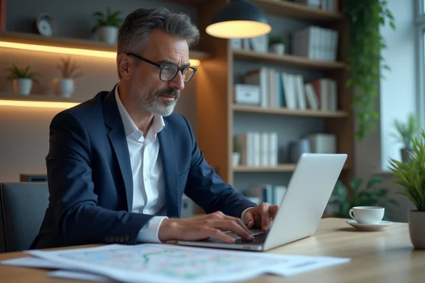 Homme d'affaires en costume analysant une carte digitale dans un bureau moderne