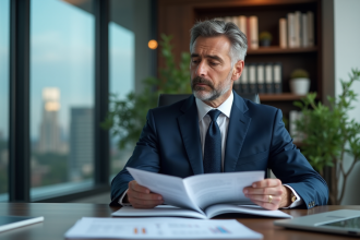 Homme d'affaires en costume analysant des brochures SCPI