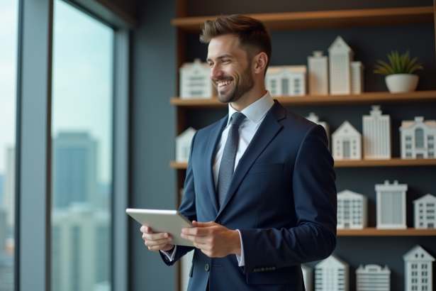 Homme d'affaires en costume bleu tenant une tablette dans un bureau moderne