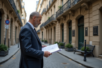 Homme en costume lisant des plans devant un bâtiment parisien