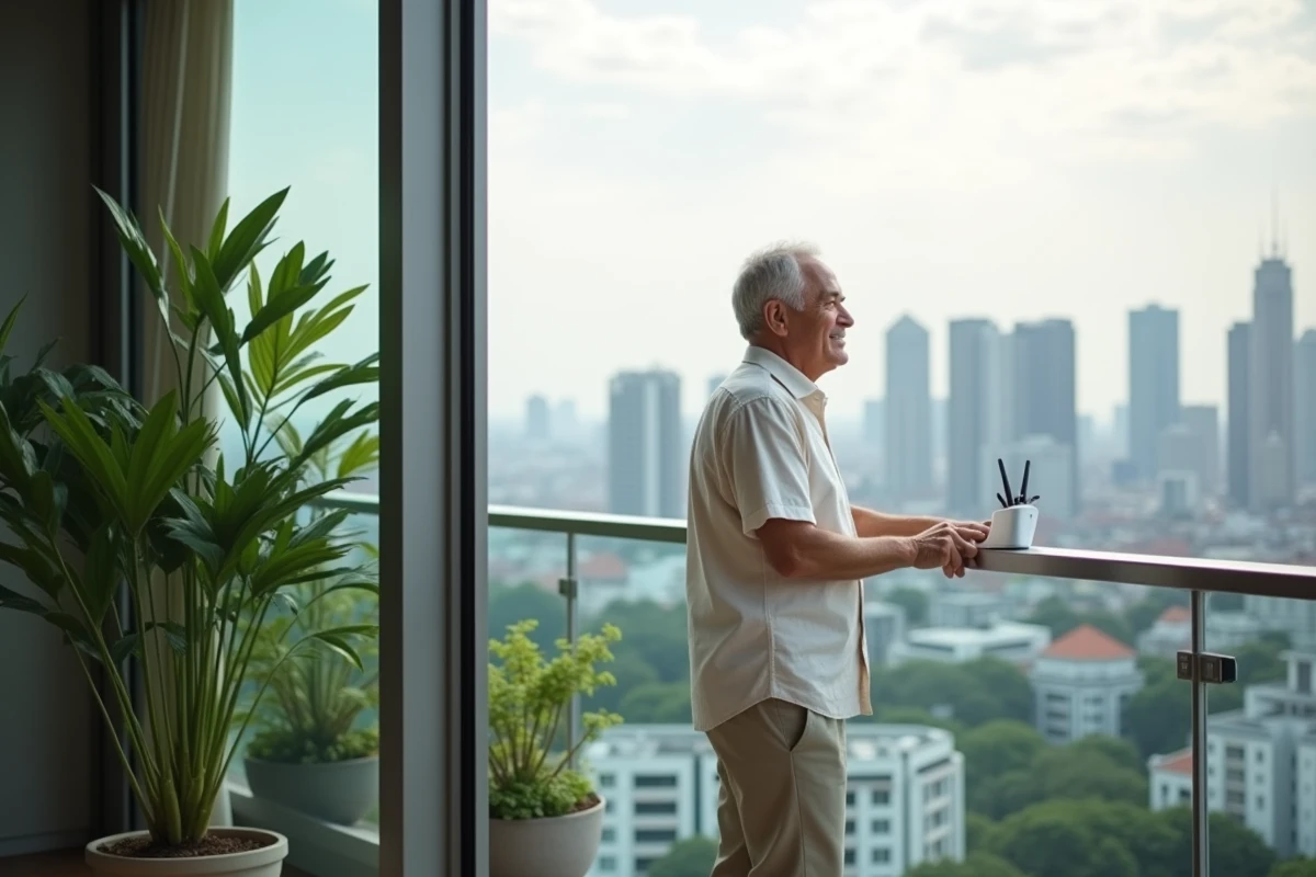 Homme européen sur un balcon avec vue sur Bangkok