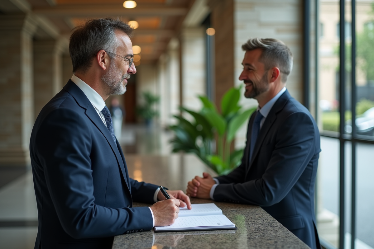 Homme d âge moyen parlant avec conseiller en banque