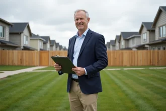 Homme en blazer navy sur un terrain vacant résidentiel