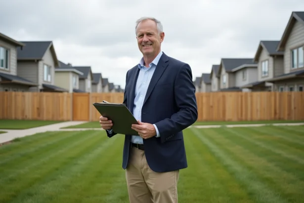 Homme en blazer navy sur un terrain vacant résidentiel