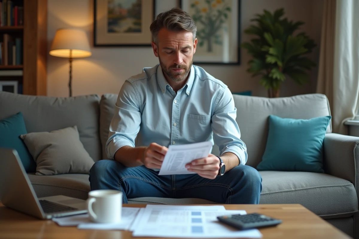Homme calculant ses finances sur un ordinateur dans un salon