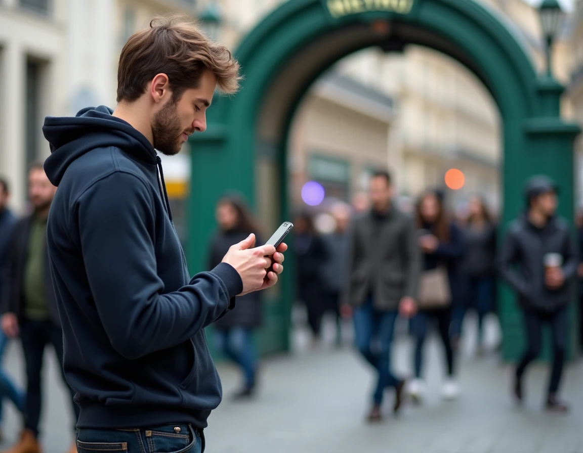 Homme consultant ses candidatures de location immobilière sur mobile près d'une station de métro parisienne