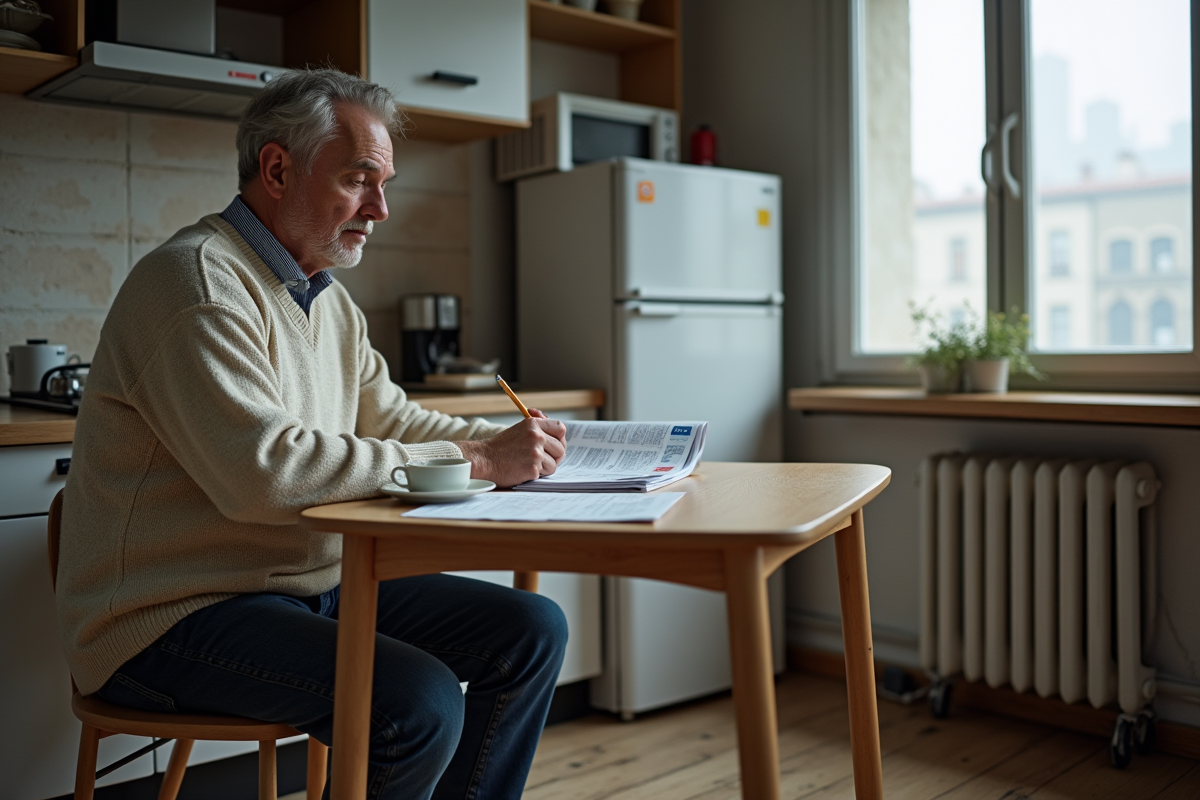 Homme en cuisine étudiant des annonces de location