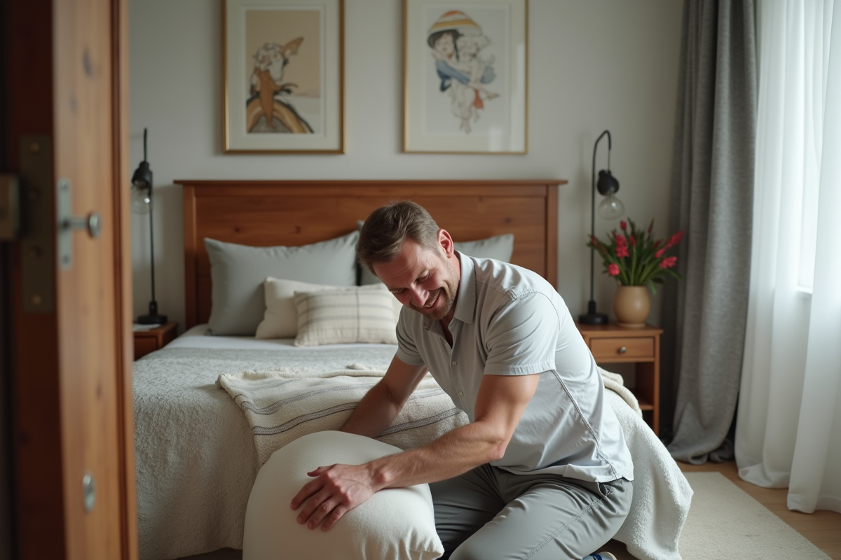 Homme arrangeant des coussins dans une chambre accueillante