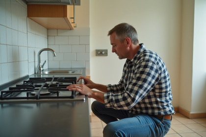 Homme d'âge moyen vérifiant la cuisinière à gaz dans un appartement