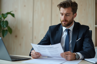 Homme d'affaires en costume lisant des documents de prêt immobilier
