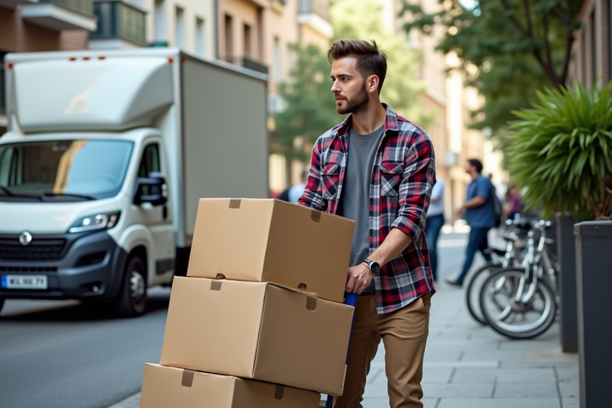 Homme empilant cartons sur chariot devant un camion de déménagement