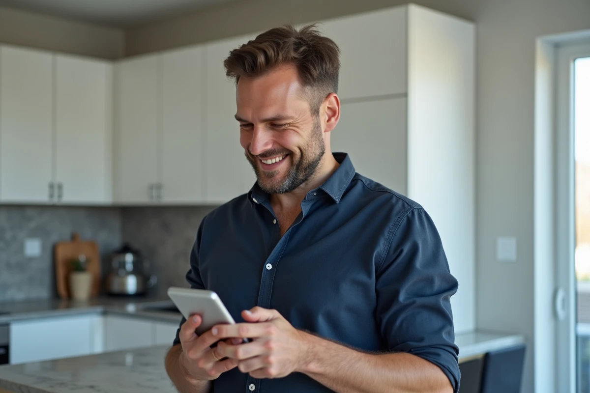 Homme accédant à ses documents de location sur une application mobile depuis sa cuisine