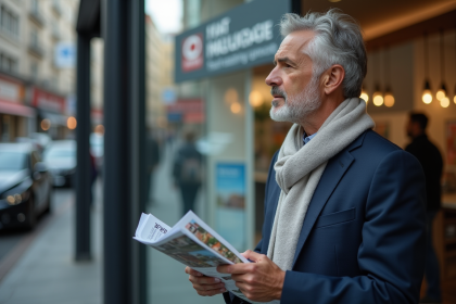 Homme d'âge moyen dans un costume regardant par la fenêtre