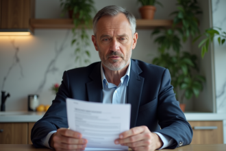 Homme d'âge moyen examinant un document d'assurance dans une cuisine moderne