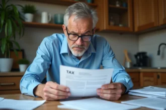 Homme d'âge moyen examinant des factures dans sa cuisine
