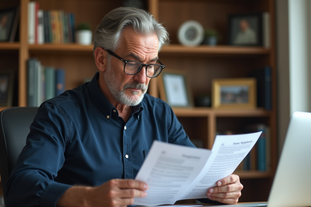 Homme d'âge moyen lisant des formulaires fiscaux à son bureau