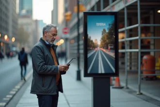 Homme d'âge moyen lisant une tablette près d'une signalisation