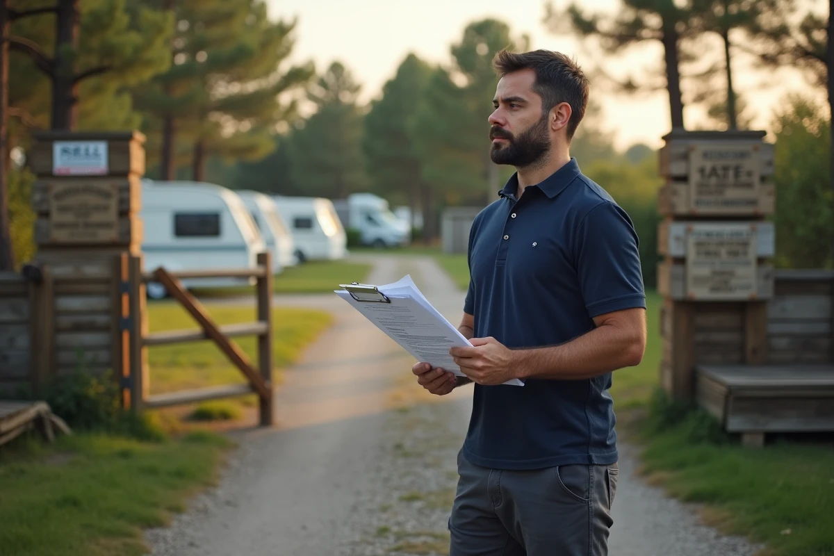 Un homme en reconversion professionnelle visite un camping à reprendre, tenant un dossier de financement devant l'entrée du site