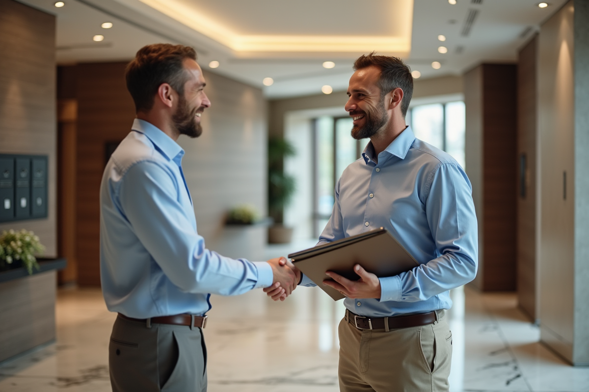 Homme remettant un dossier à un gestionnaire immobilier dans un hall