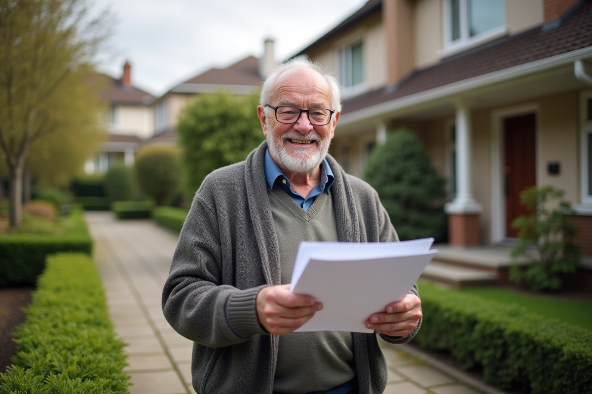 Homme retraité souriant devant sa maison dans le jardin