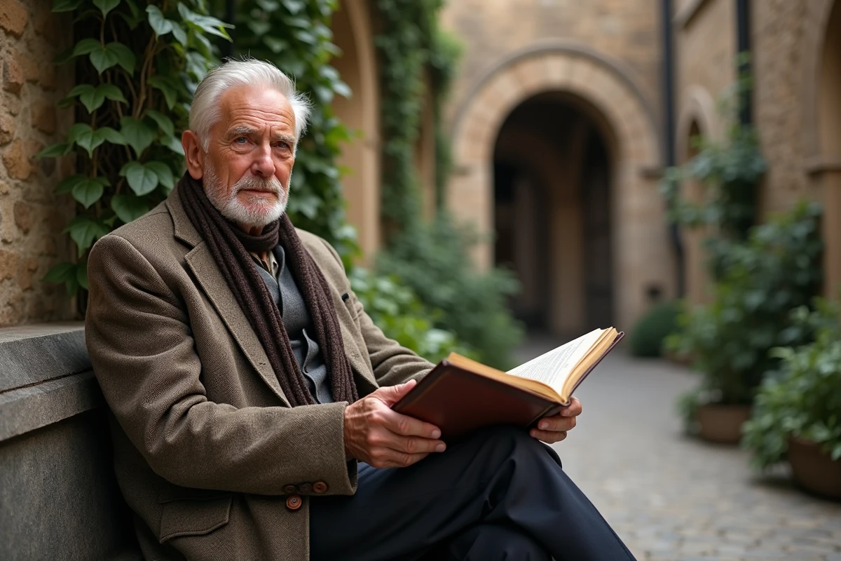 Homme âgé lisant dans une place verdoyante