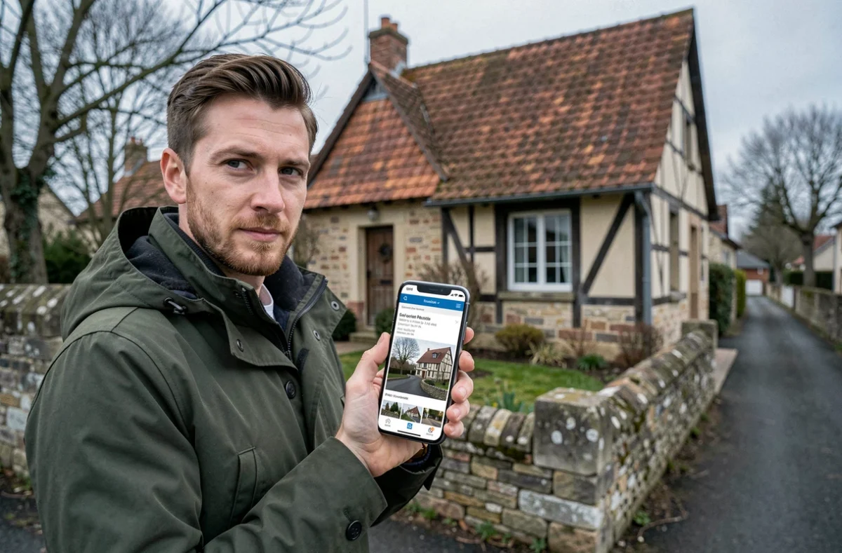 Homme consultant une annonce immobilière particulier à particulier sur smartphone devant une maison normande à colombages à louer en Seine-Maritime