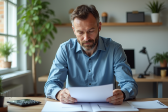 Homme d'une quarantaine d'années travaillant à son bureau à domicile