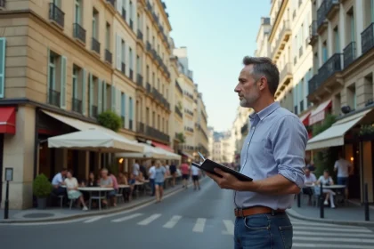 Homme d'âge moyen dans une rue de Mille avec bâtiments haussmanniens