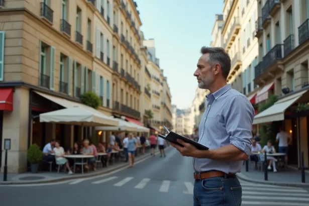 Homme d'âge moyen dans une rue de Mille avec bâtiments haussmanniens
