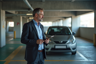 Homme d'affaires à côté de sa voiture dans un parking urbain