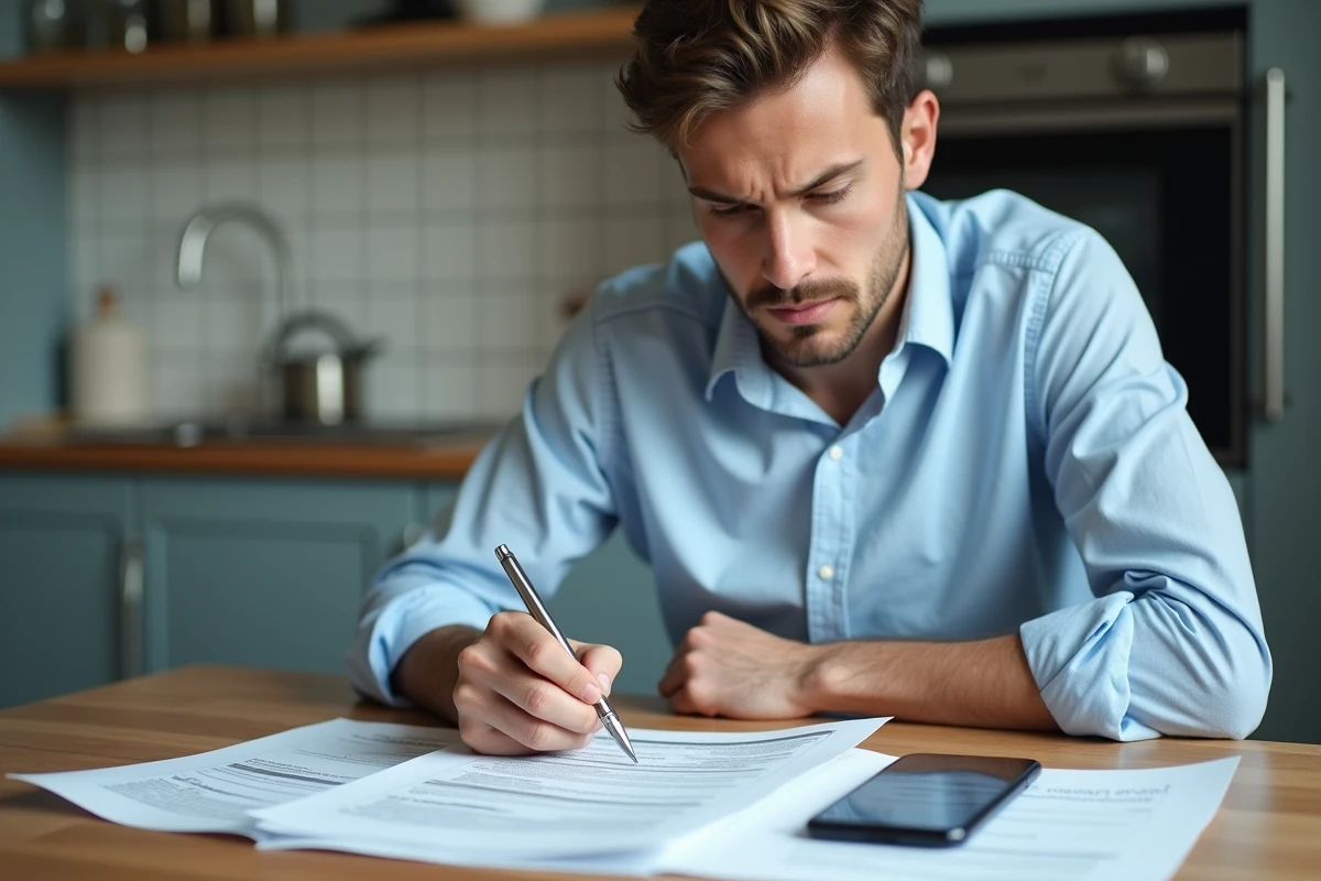 Homme relisant attentivement les documents de son dossier de location pour corriger les erreurs