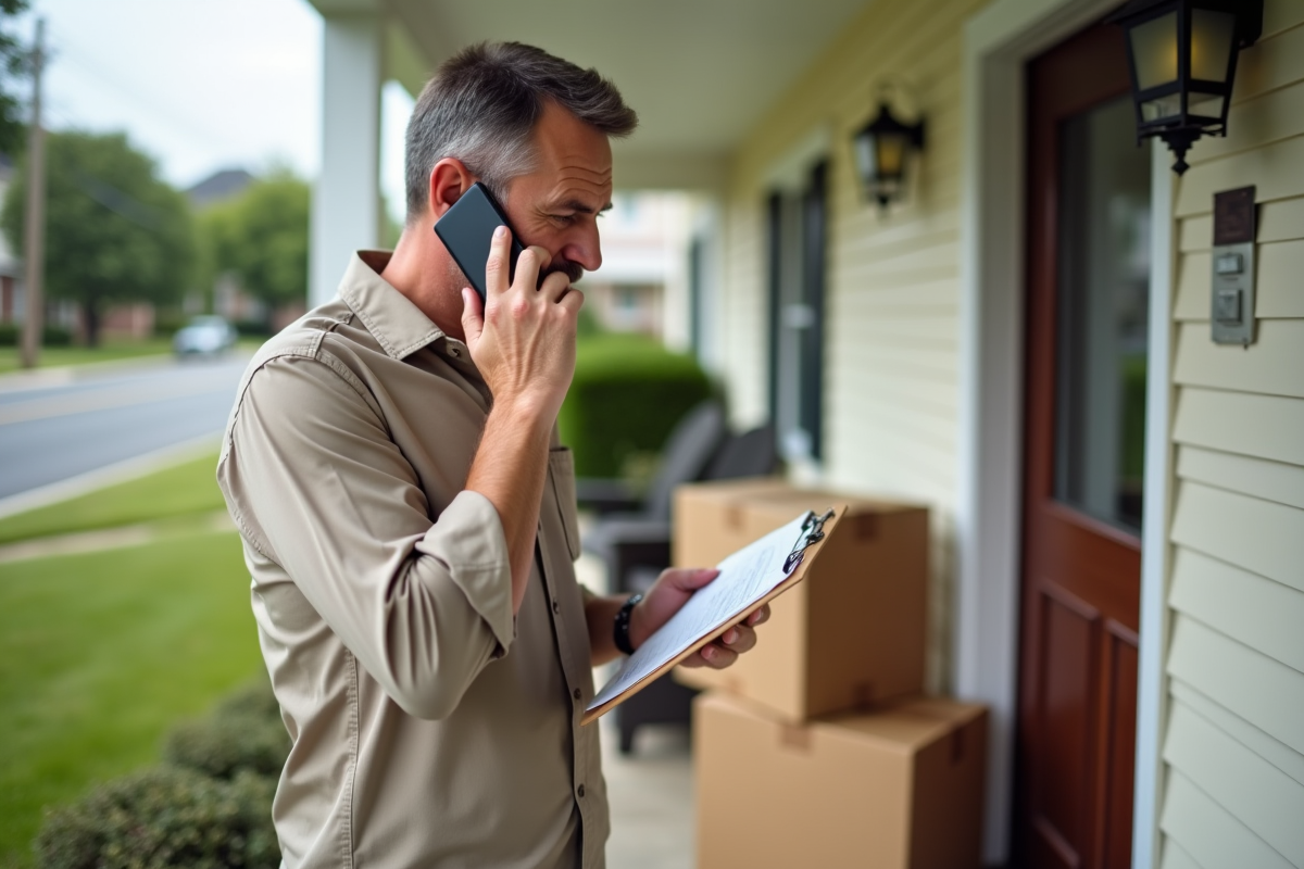 Homme vérifiant une liste sur un clipboard devant sa maison