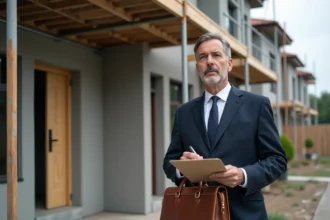 Huissier de justice effectuant un constat sur un chantier de construction résidentiel avec scaffolding et notes manuscrites