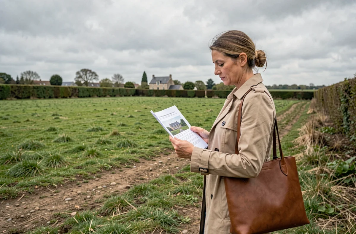 Femme consultant un document de propriété foncière au bord d'une parcelle non bâtie en milieu rural français