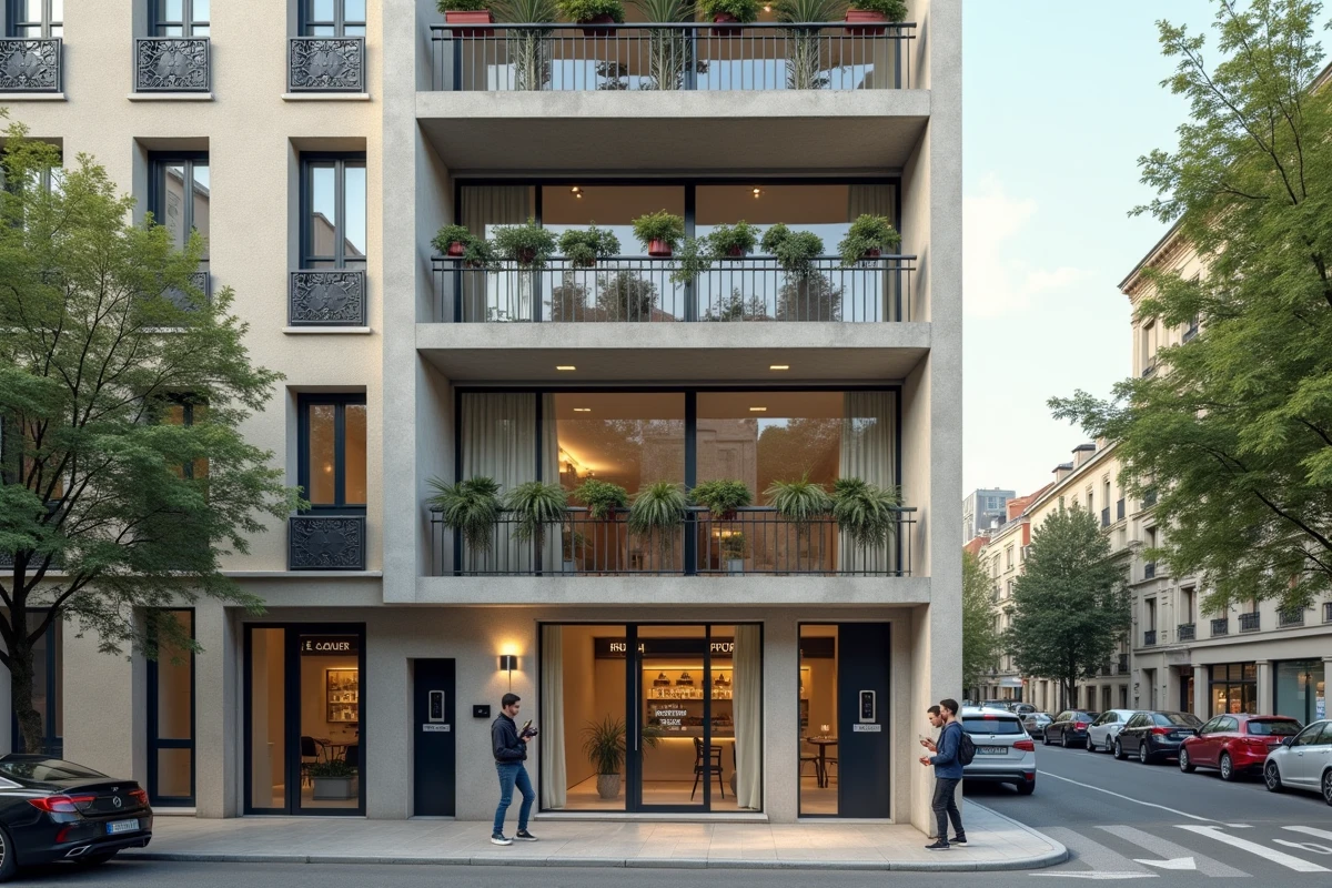 Immeuble résidentiel en zone Scellier intermédiaire avec un couple de locataires potentiels devant l'entrée en ville