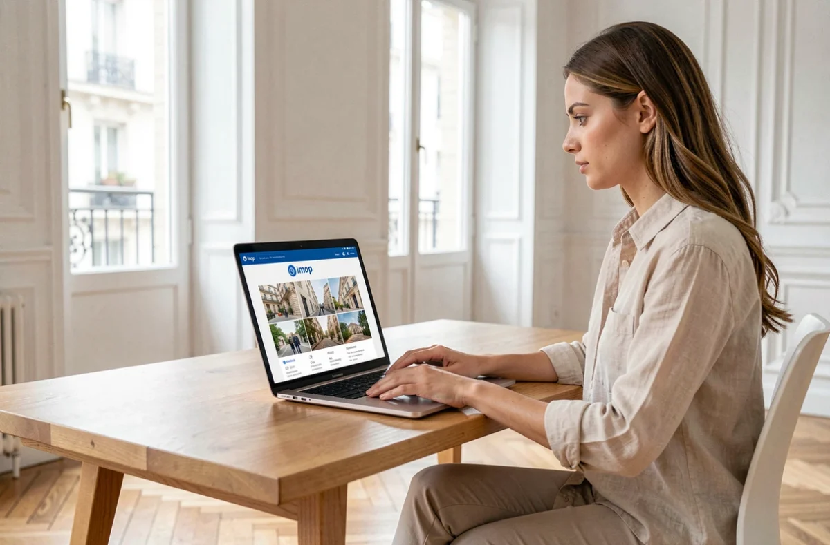 Jeune femme utilisant la plateforme Imop sur un ordinateur portable dans un appartement haussmannien parisien