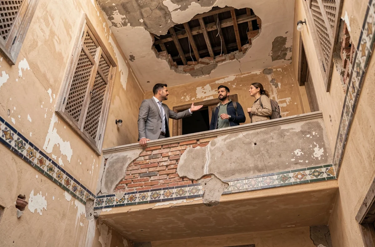 Agent immobilier marocain présentant l'état d'un riad en rénovation à des acheteurs étrangers inspectant les défauts structurels dans la médina de Marrakech