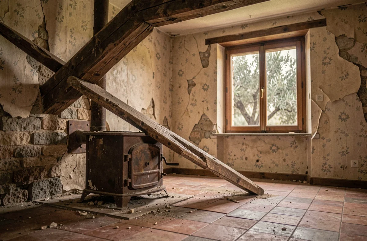 Intérieur délabré d'une maison abandonnée en PACA avec carrelage fissuré, papier peint décollé et poutre effondrée sur un vieux poêle en fonte