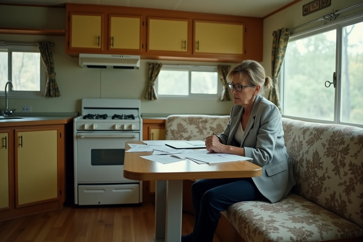 Femme étudiant des documents de reprise à l'intérieur d'un mobil-home ancien avec équipements vétustes